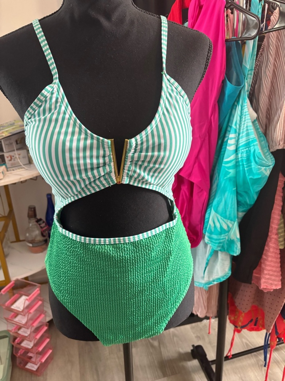 Green Striped Cutout One-Piece Swimsuit with Gold Zip